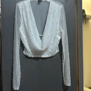 Sheer pearl detail white Top Perfect for bridal, bachelorette or girls night out